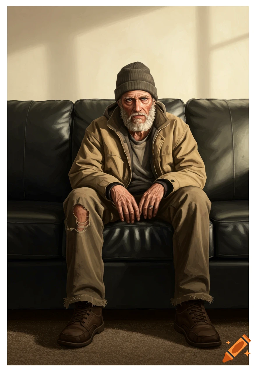 Realistic portrait of a bearded man in a beanie and ripped pants sitting on a black leather couch against a cream wall.