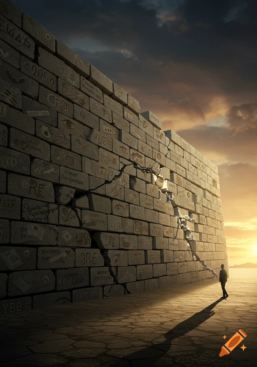 A lone figure stands before a massive, cracked stone wall covered in cryptic symbols and text under a dramatic sunset sky.