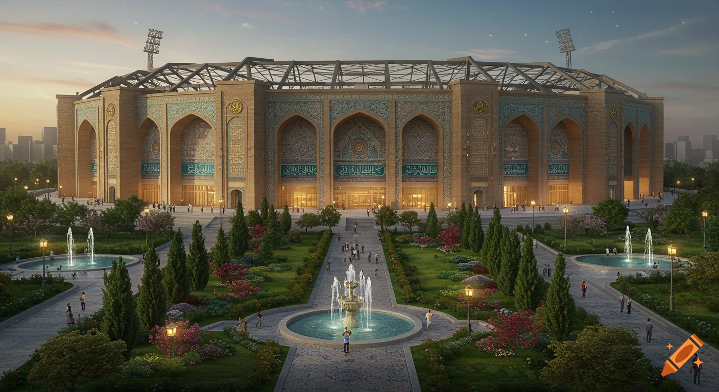 A modern football stadium in Tehran with ancient Persian architectural motifs, featuring grand arches, stone carvings, and calligraphy patterns under a twilight sky. Lush gardens with fountains and cypress trees lead to the stadium entrance, with warm golden illumination on the facade.