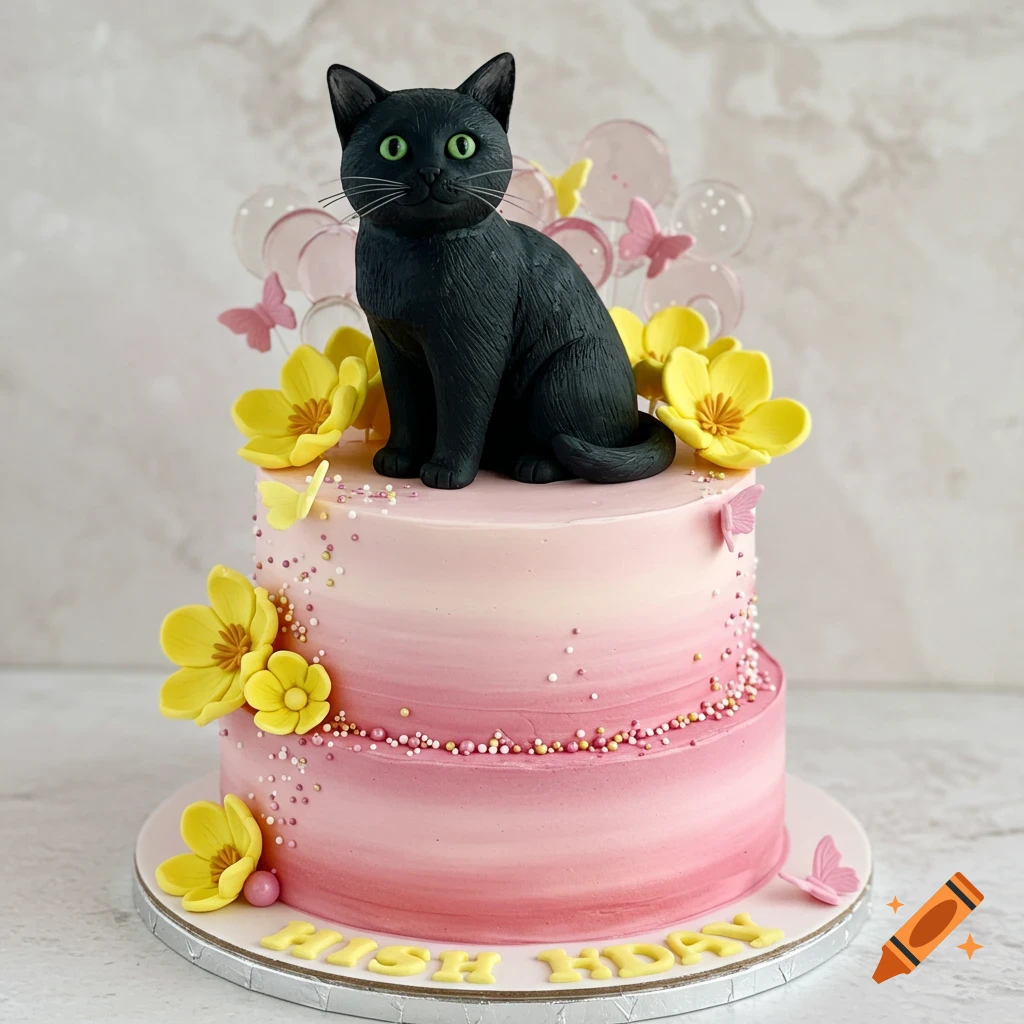 A two-tiered pink ombre cake with a black cat figurine on top, adorned with yellow flowers and pink butterflies.