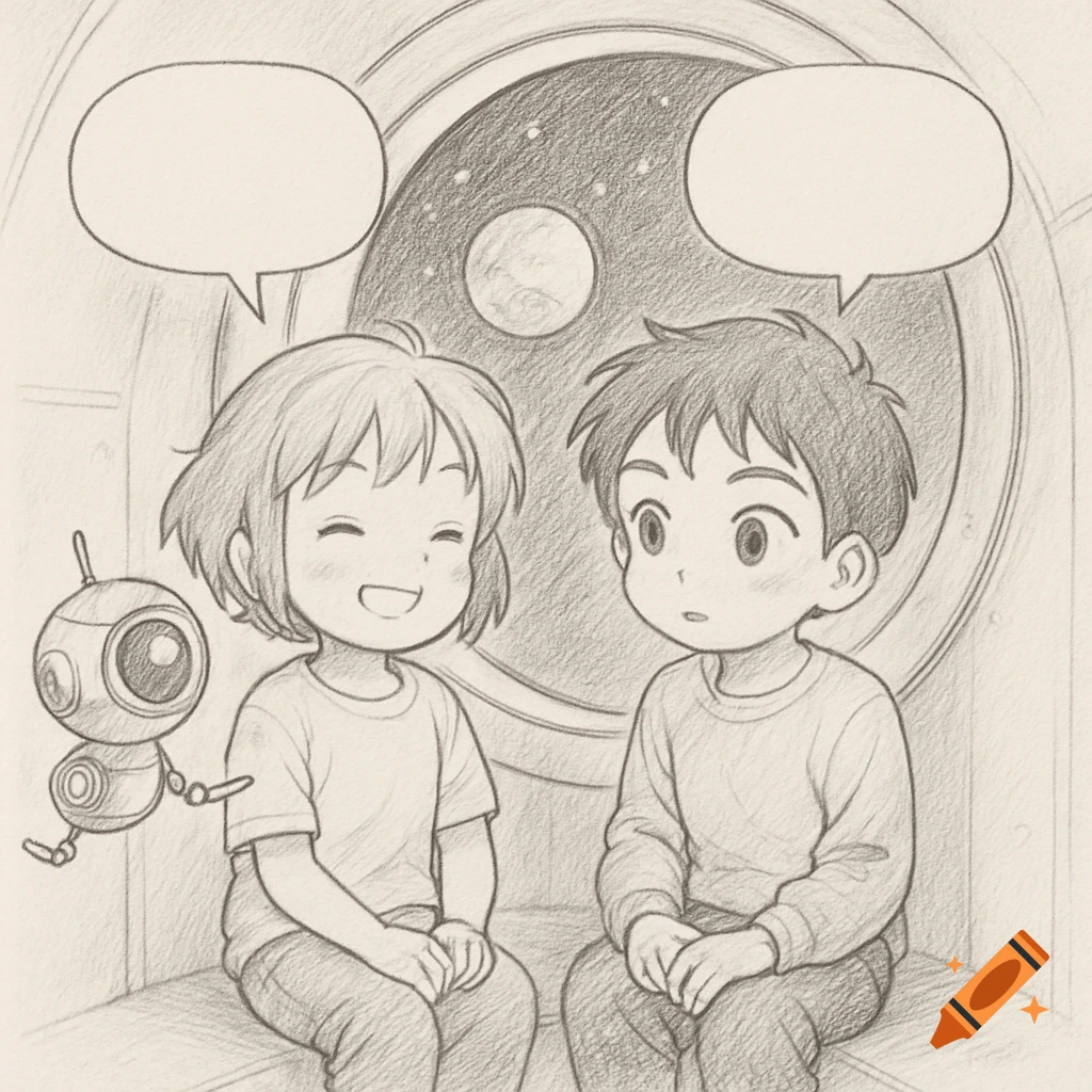 An anime-style pencil sketch of two kids and a small robot in a rocket cabin, looking out a round window at planets in space. Empty speech bubbles are above their heads.