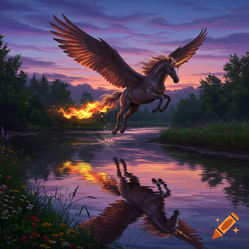 A dark pegasus unicorn with large wings and a flaming tail leaps over a river, reflected in the water, at sunset.