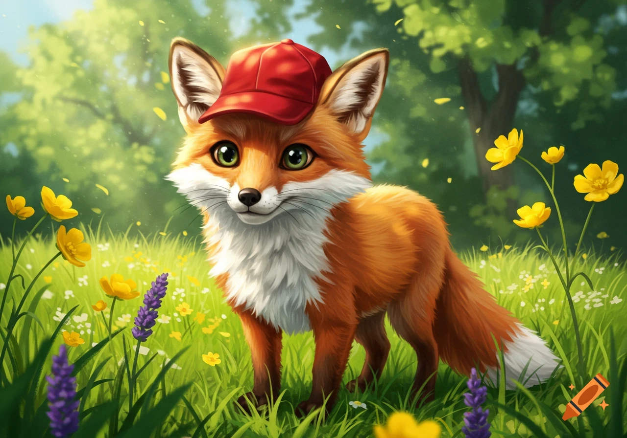 A cute, cartoon-style fox wearing a red baseball cap stands in a vibrant green meadow with yellow and purple wildflowers, a forest in the background.