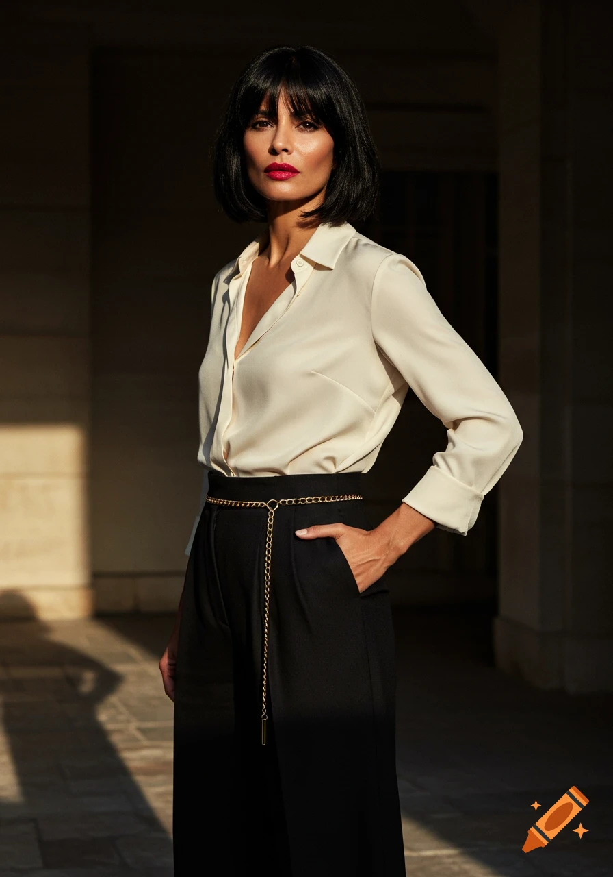Elegant woman with a dark bob and red lipstick, wearing an ivory silk blouse and black trousers with a gold chain belt, posing confidently in a fashion-style portrait.