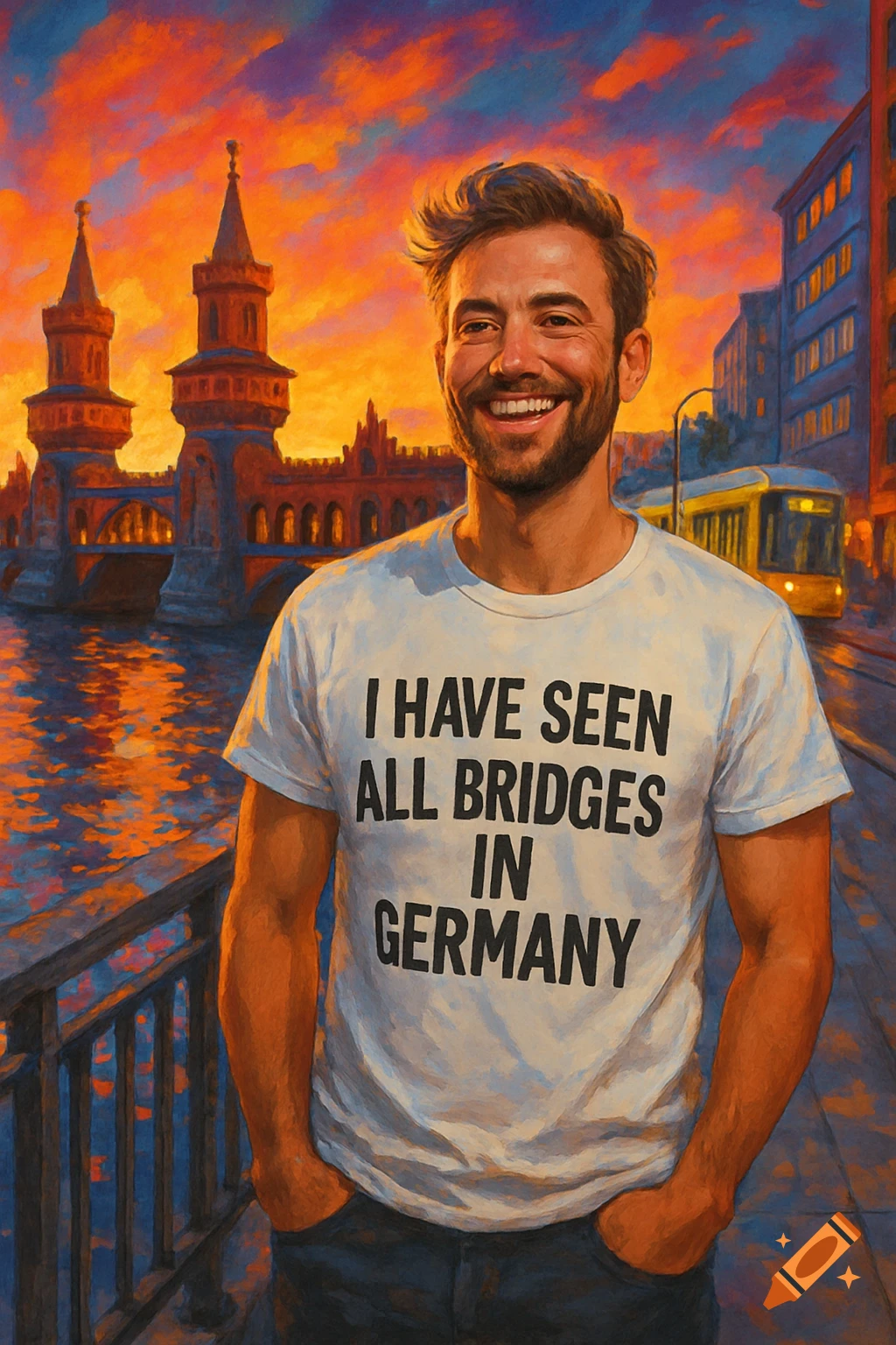 A smiling man in a white t-shirt that reads "I HAVE SEEN ALL BRIDGES IN GERMANY" stands by a river with a bridge and city in the background, in an impressionistic painting style.