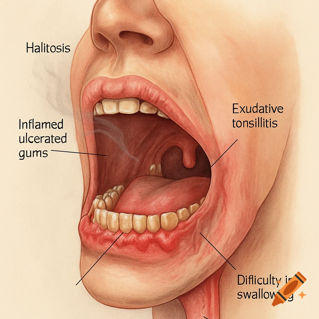 Detailed medical illustration of an open mouth showing inflamed gums, tonsillitis, halitosis, and difficulty swallowing.
