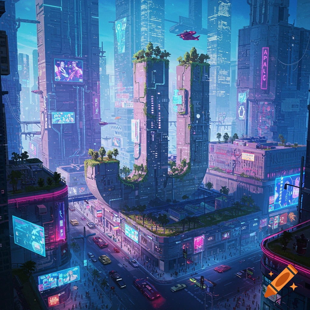 A vibrant, futuristic cyberpunk city at dusk with neon-lit skyscrapers, a large U-shaped building with integrated greenery, and flying vehicles.