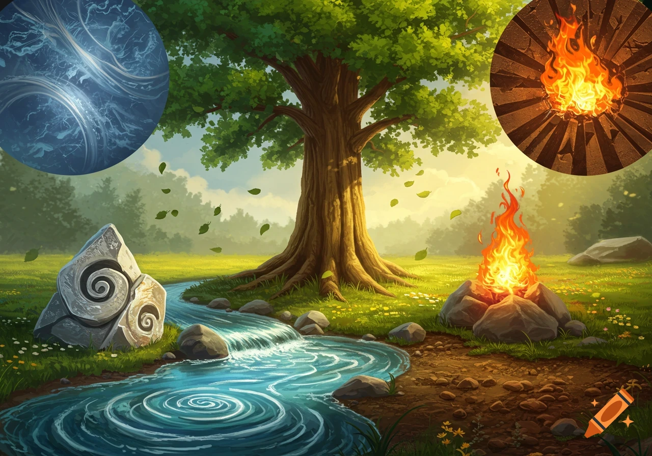An illustrative fantasy landscape with a large tree, stream, campfire, spiral rock, and circular water and fire elemental symbols.