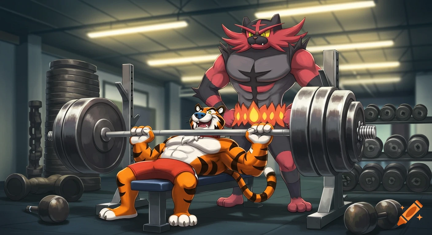 Tony the Tiger bench-presses a barbell in a gym while Incineroar spots him, in a vibrant cartoon style.