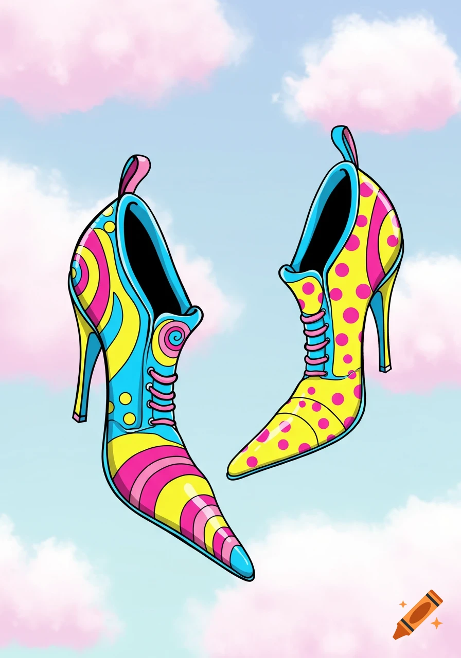 A vibrant, cartoon pair of pink, yellow, and blue high heels with polka dots and swirls floats in a light blue sky with pink clouds.