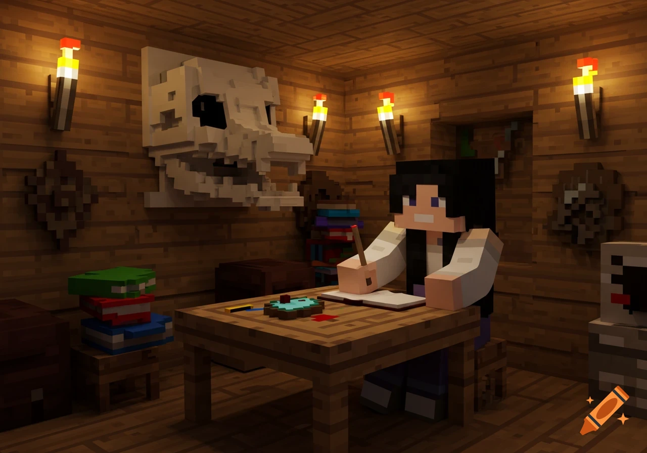 A blocky female character writes at a wooden desk in a cozy Minecraft-style room, with an Ender Dragon skull mounted on the wall.