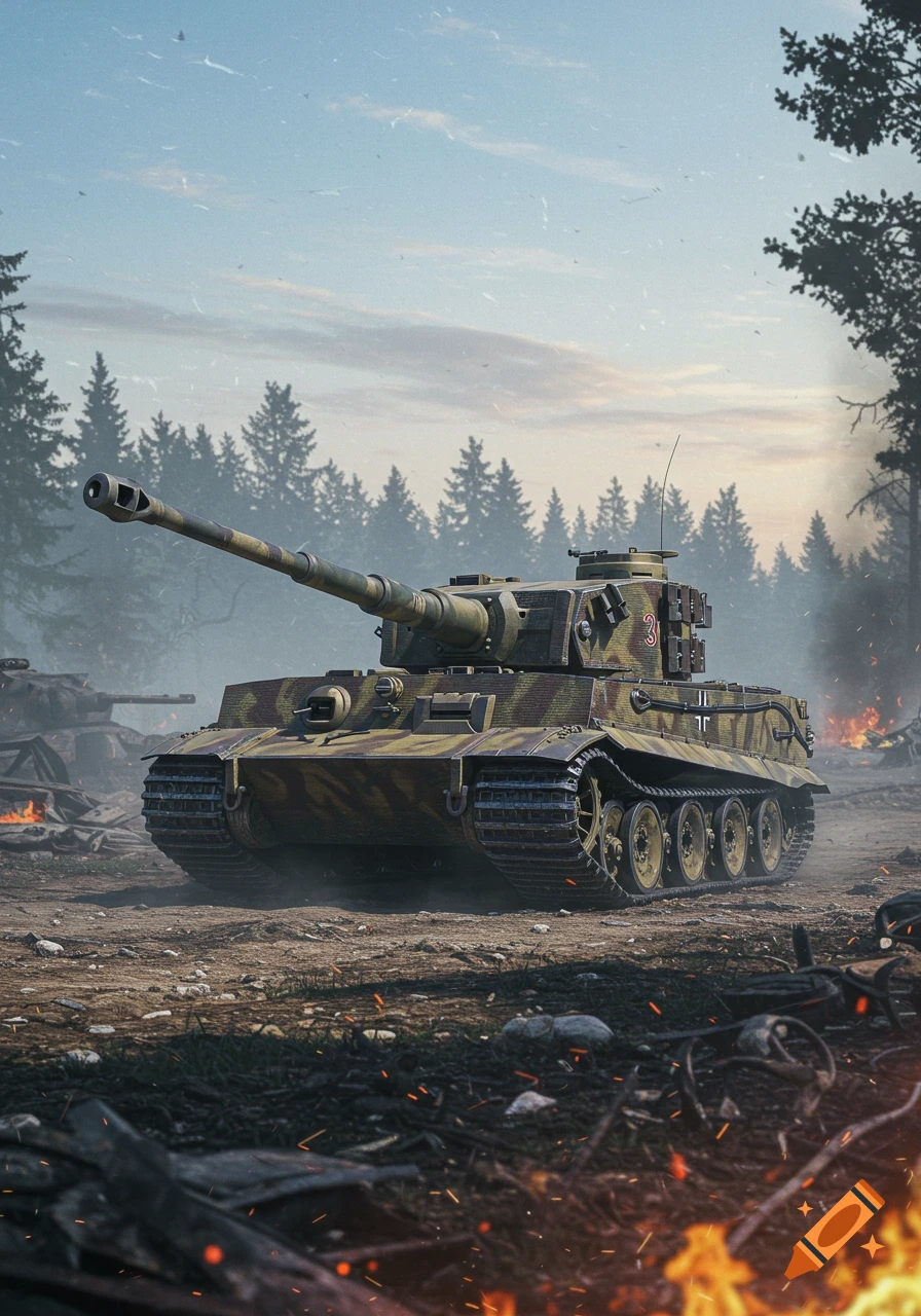 A photorealistic depiction of a Tiger 2 (p) tank with camouflage, sitting on a war-torn battlefield with fires and smoke in a forest.