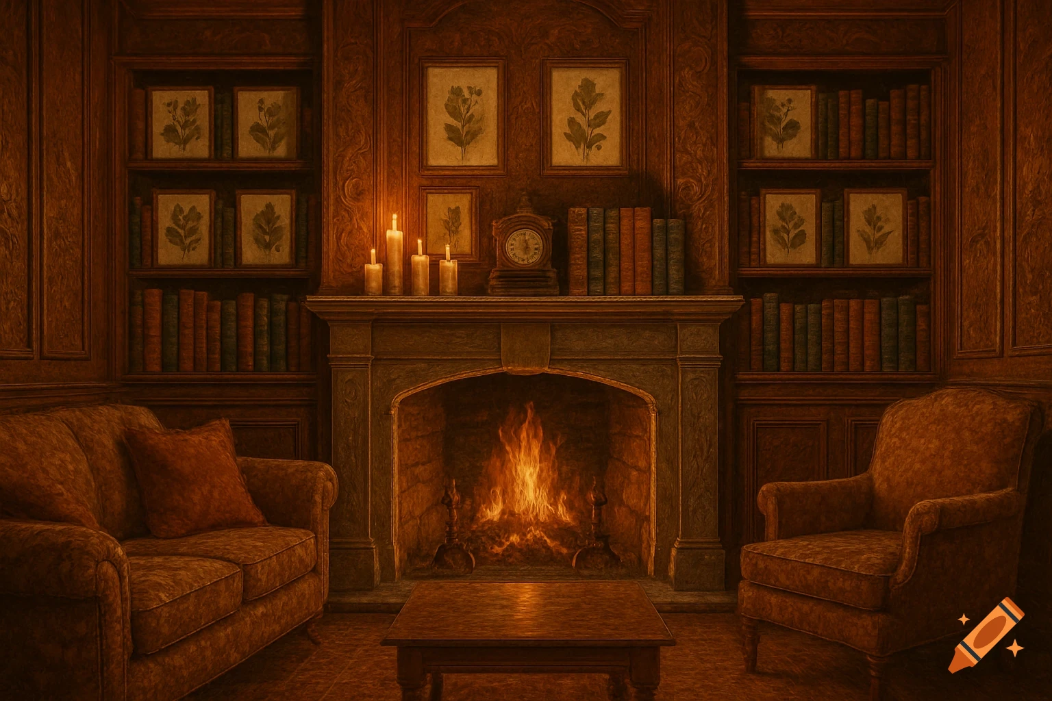 A cozy living room with paneled walnut walls, bookshelves, a stone fireplace with a crackling fire, a brown sofa, and an armchair.