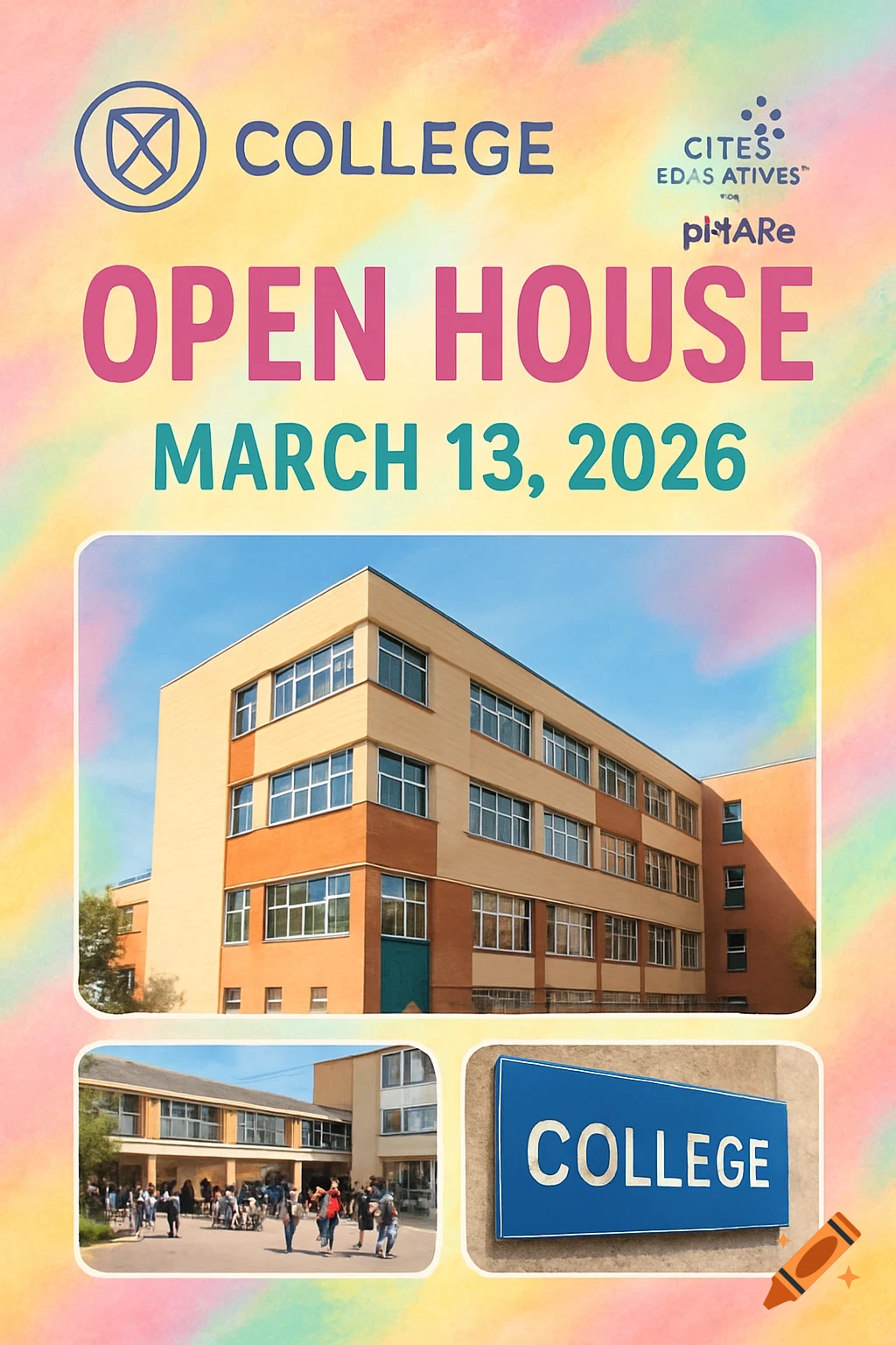 A vibrant pastel-colored poster for a college open house on March 13, 2026. It features photos of a college building, a schoolyard with students, and a blue 'COLLEGE' sign, along with a college logo.