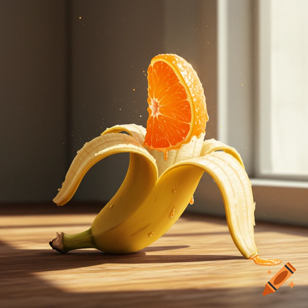 A peeled banana opens to reveal a juicy orange slice inside, with drips of orange juice on a wooden table.