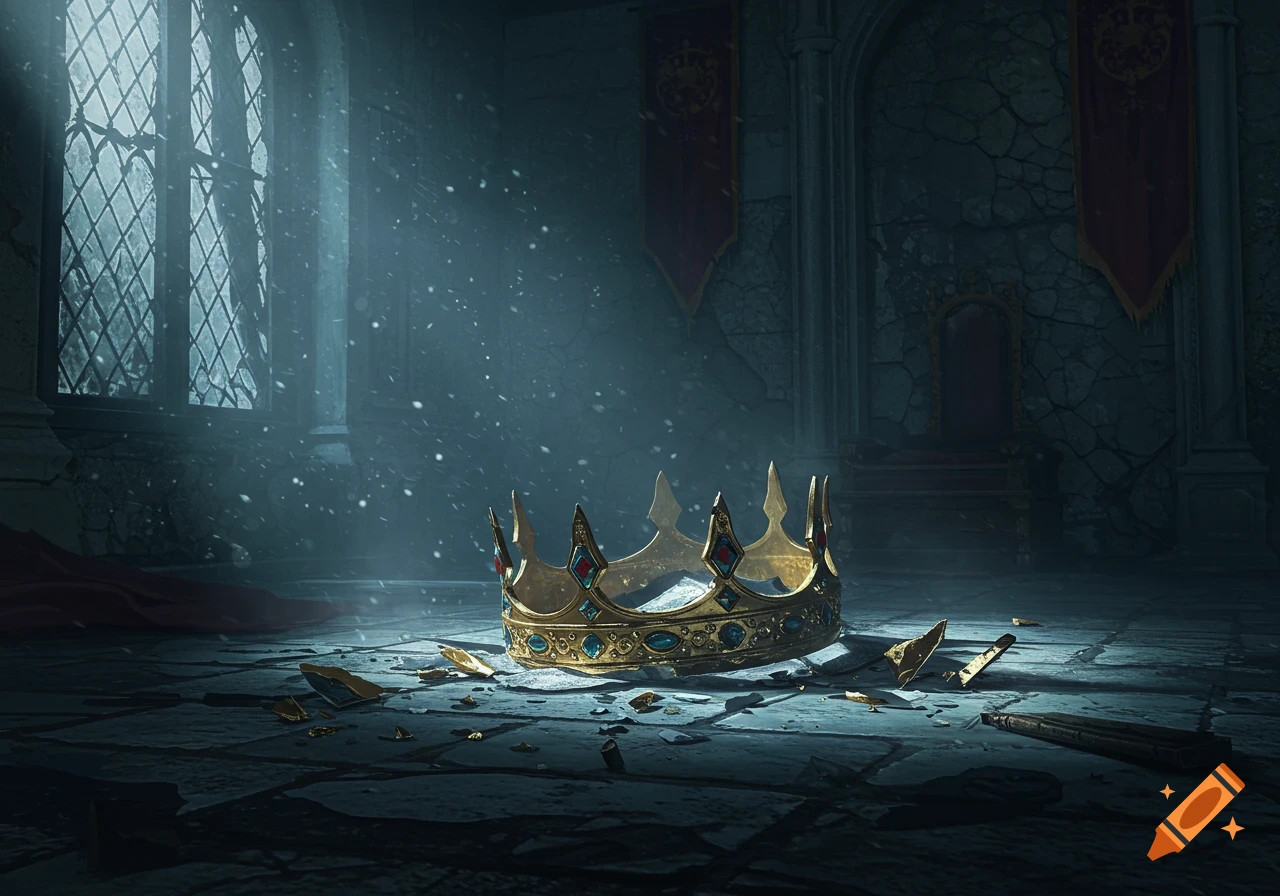 A broken golden king's crown lies on the floor of a dark, dusty castle hall, illuminated by light from a tall window.