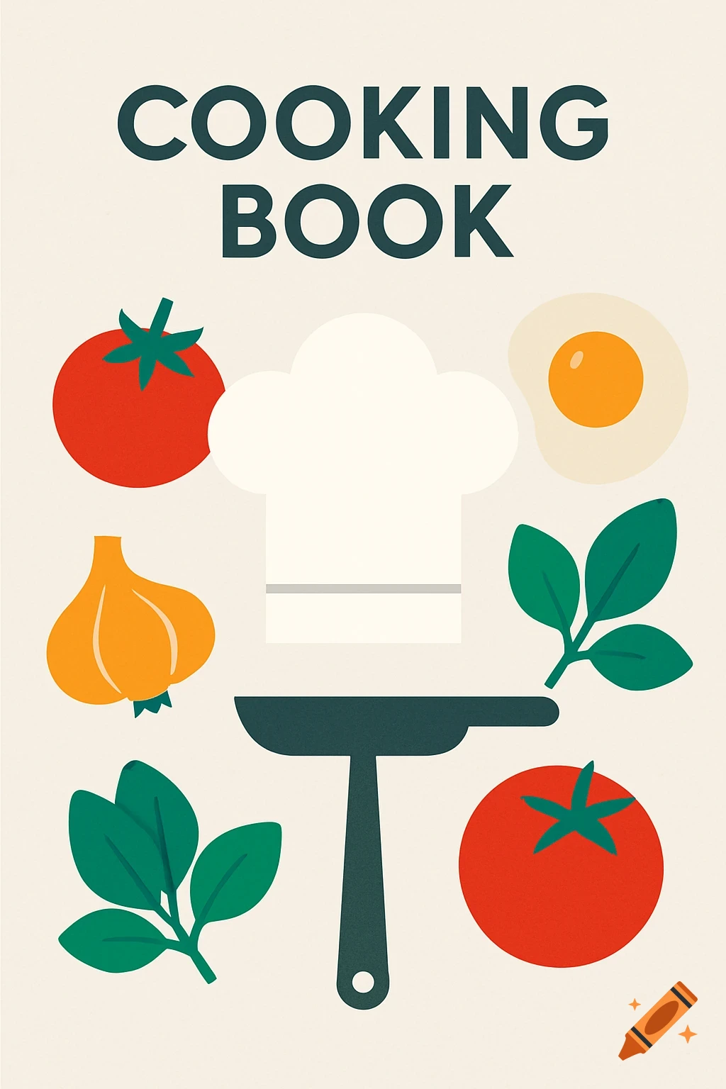 Flat design cooking book cover with illustrations of a chef's hat, tomatoes, garlic, an egg, and a frying pan.