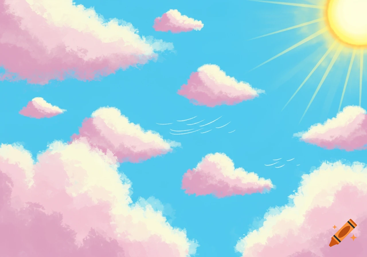A bright cartoon sky with fluffy pink and yellow clouds and a shining yellow sun.