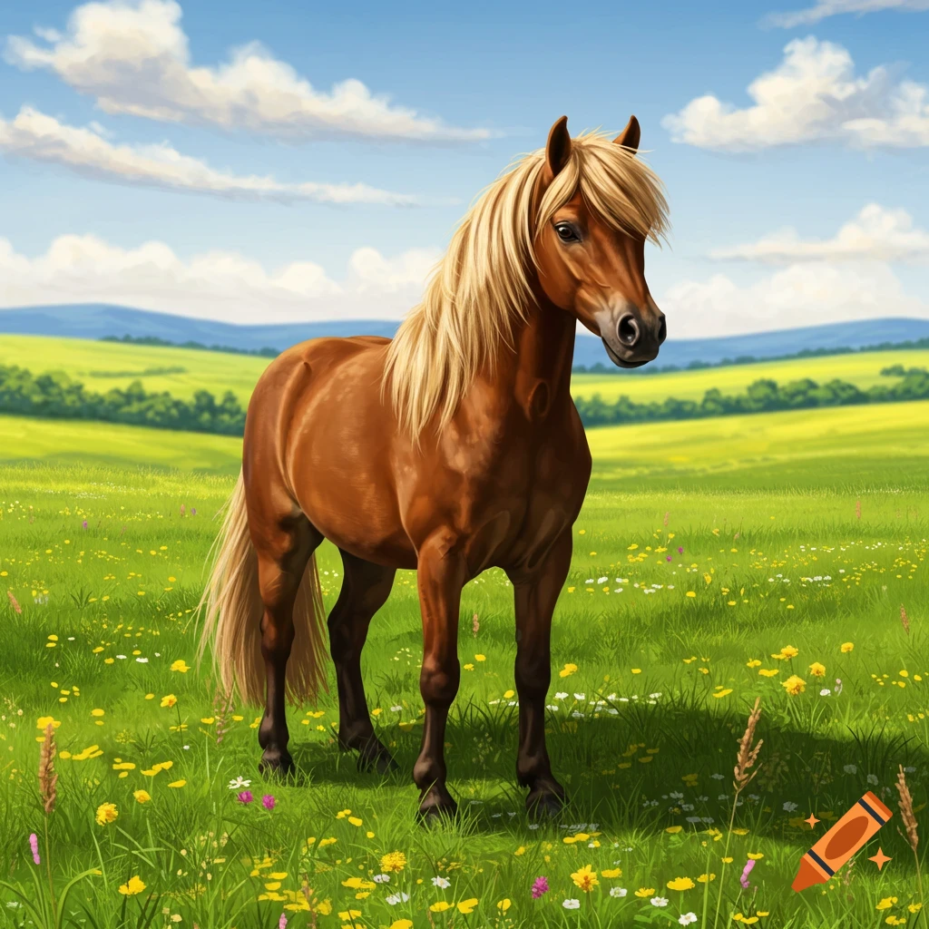 A brown pony with a blonde mane and tail stands in a lush green meadow with wildflowers under a blue sky.
