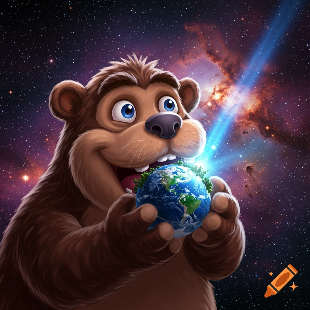 A happy cartoon bear-like creature holding a small glowing Earth in outer space with stars and a nebula.