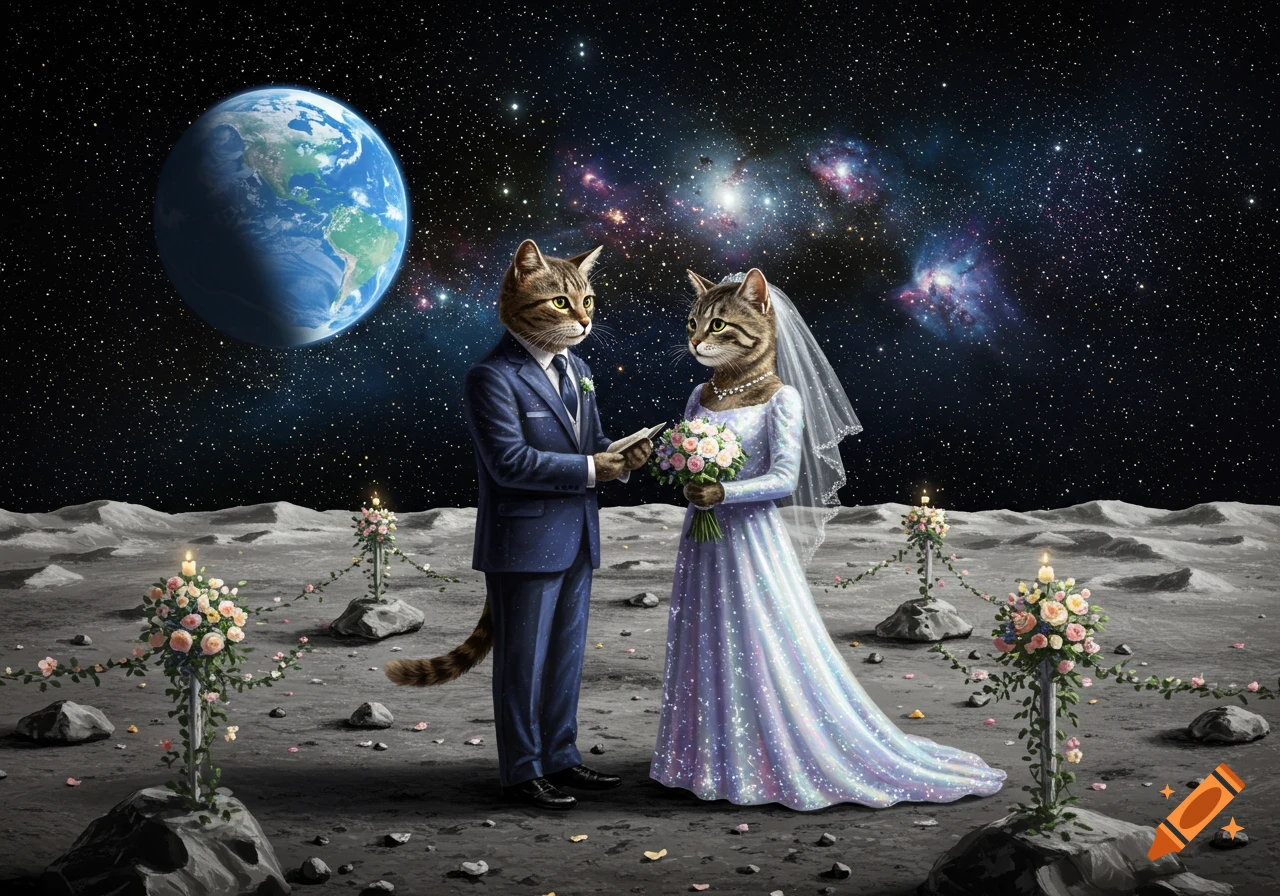 Two anthropomorphic cats in wedding attire on the moon, with Earth and colorful galaxies in the starry background.