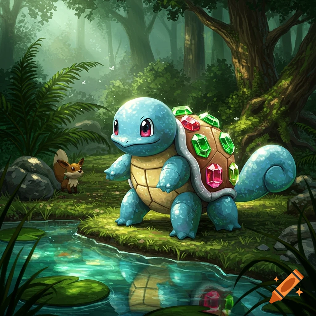 A blue Squirtle with a shell of red and green gemstones stands by a stream in a lush forest, with a fox in the background.