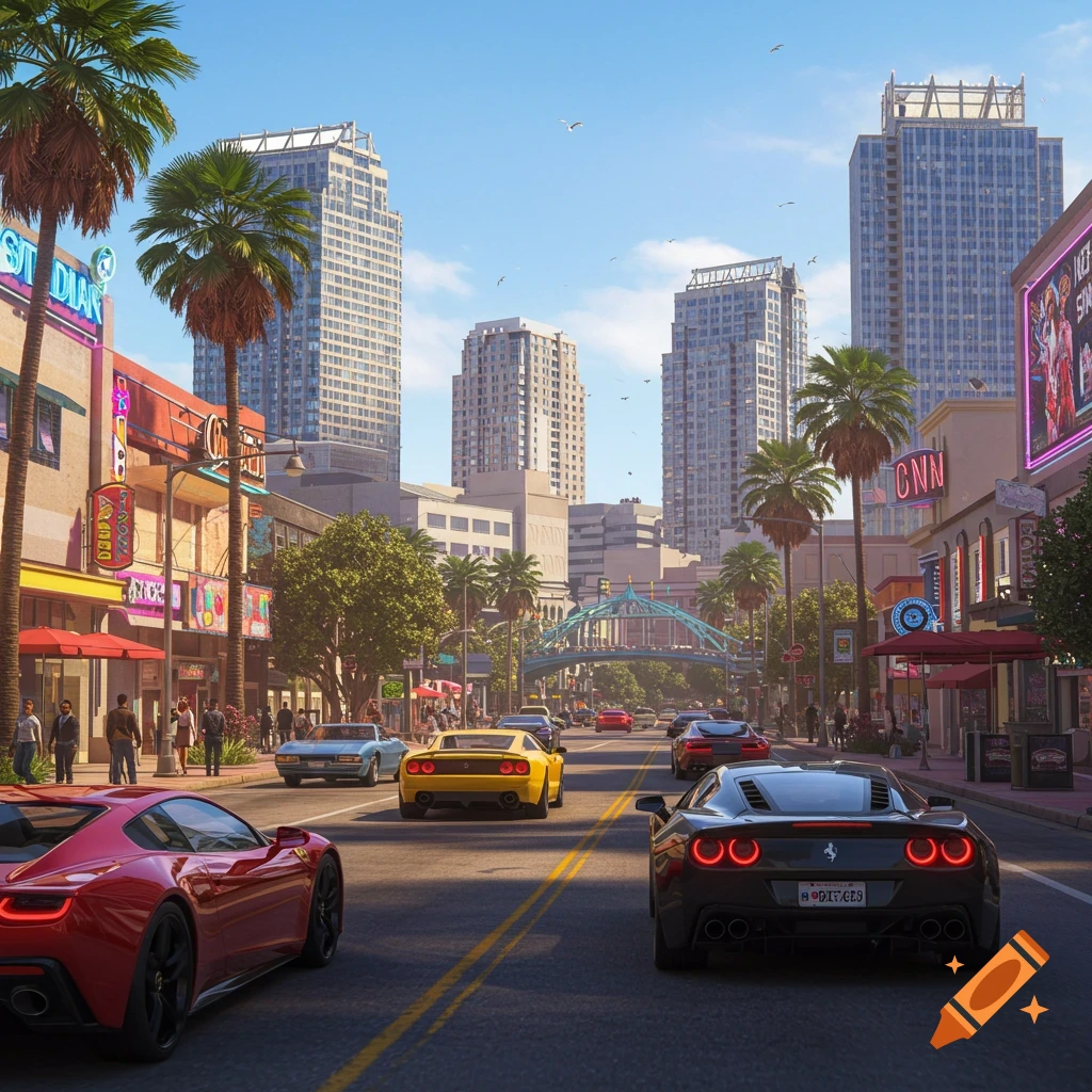 A vibrant street scene in a modern city, with red, yellow, and black sports cars driving on a multi-lane road. Palm trees line the street alongside buildings with neon signs, under a clear blue sky.