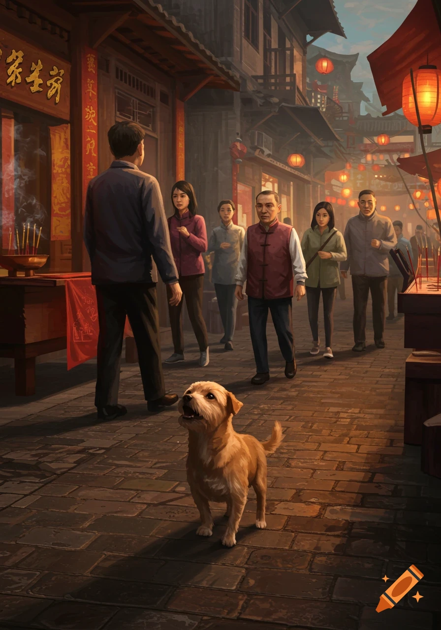 A vibrant illustration of a bustling East Asian street scene with traditional buildings and red lanterns. A small tan dog barks at a man in the foreground, while other people walk by.