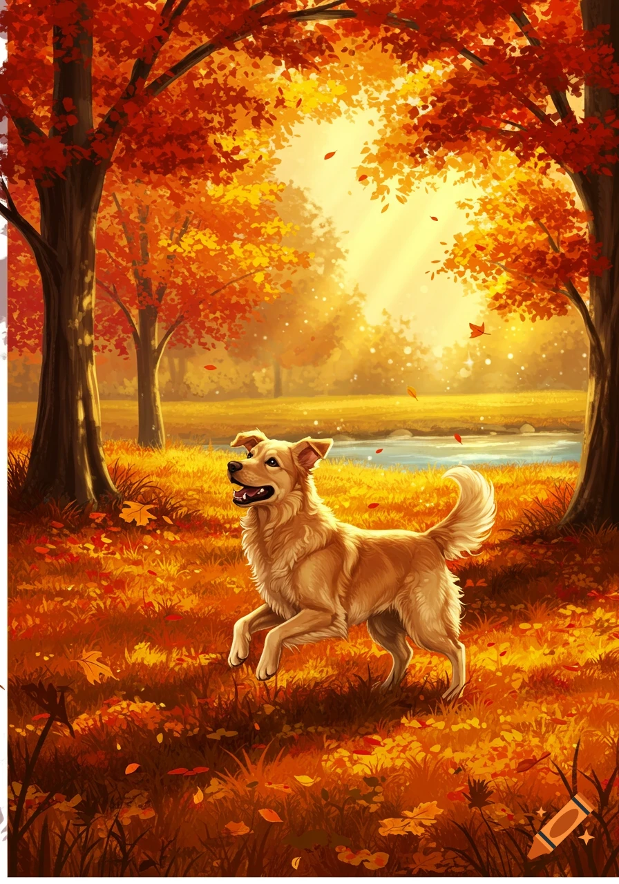 A golden-brown dog trots through a vibrant autumn forest with red and orange leaves and sunbeams.