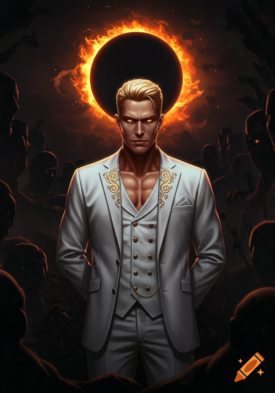 A powerful blond-haired man in a white suit stands confidently against a dark background with shadowy figures and a fiery black eclipse.