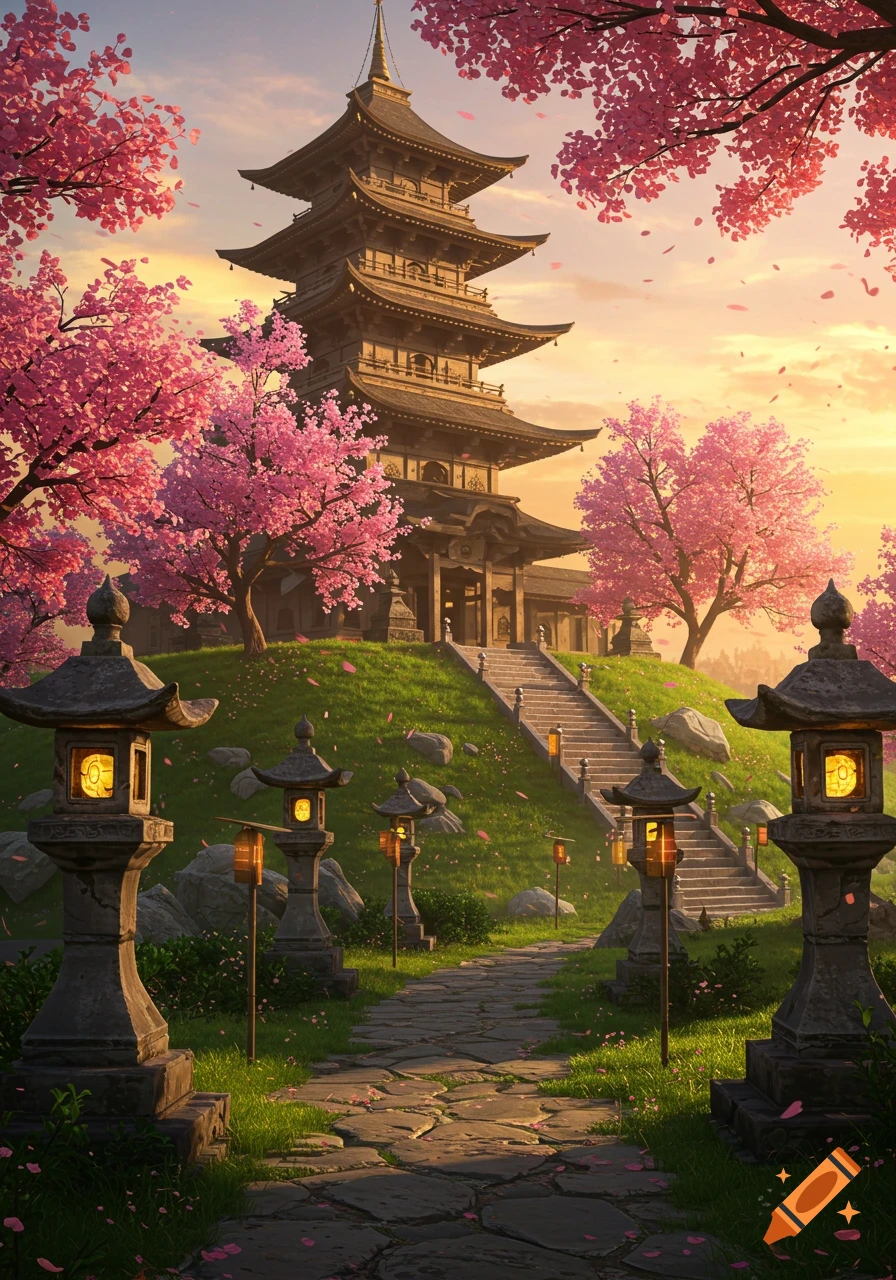 A majestic Japanese temple with a tiered roof on a grassy hill, surrounded by vibrant pink cherry blossoms at sunset. Stone lanterns line a winding path.