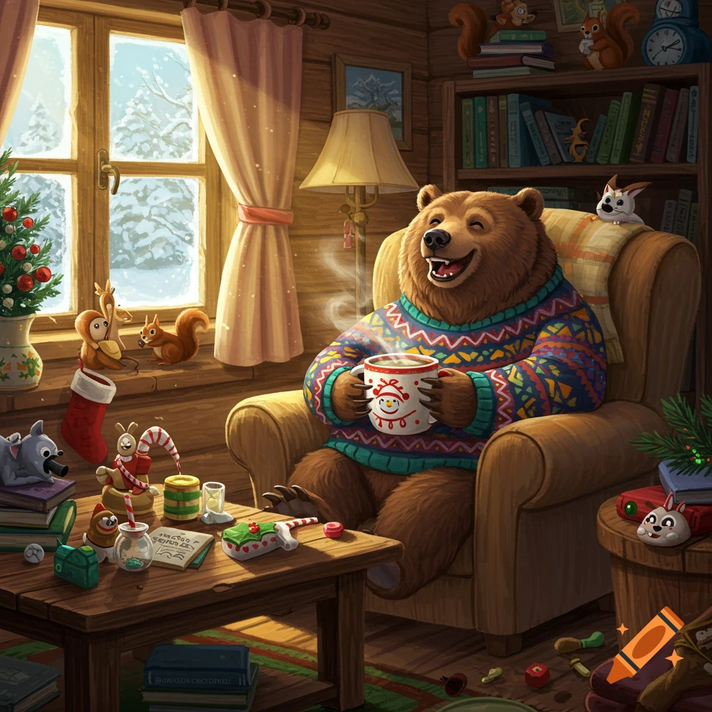 A jovial cartoon bear in a colorful sweater sips from a mug in a cozy, Christmas-decorated log cabin on a snowy day.