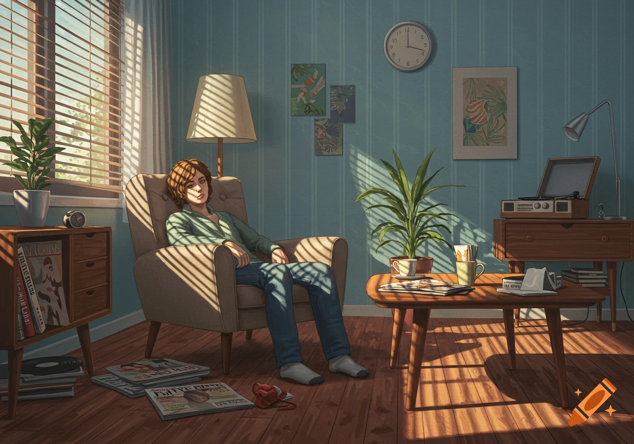 A person sits in an armchair, bathed in sunlight from blinds, in a blue-walled room with plants, a record player, and magazines on the floor.