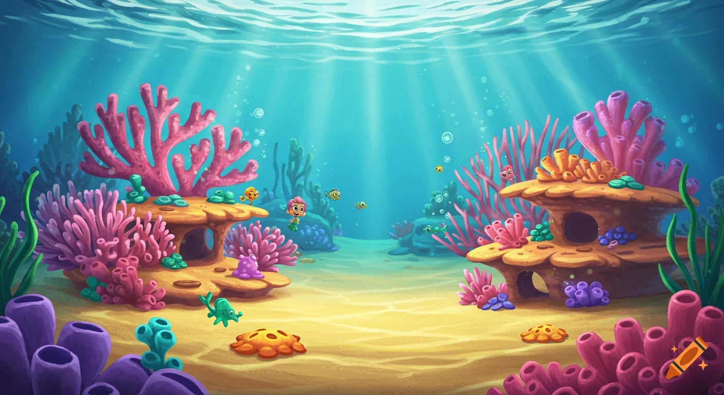 Vibrant cartoon underwater landscape with colorful coral reefs, small fish, and a Bubble Guppy-like character swimming.