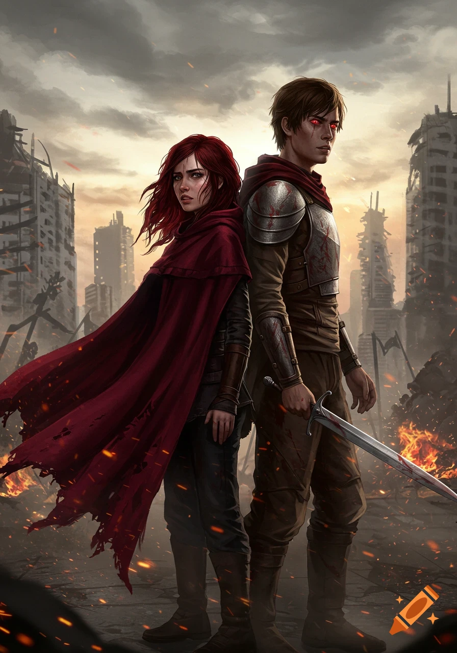 A red-haired woman in a red cloak and a man in armor with a sword stand back-to-back in a ruined, fiery city. Fantasy illustration.
