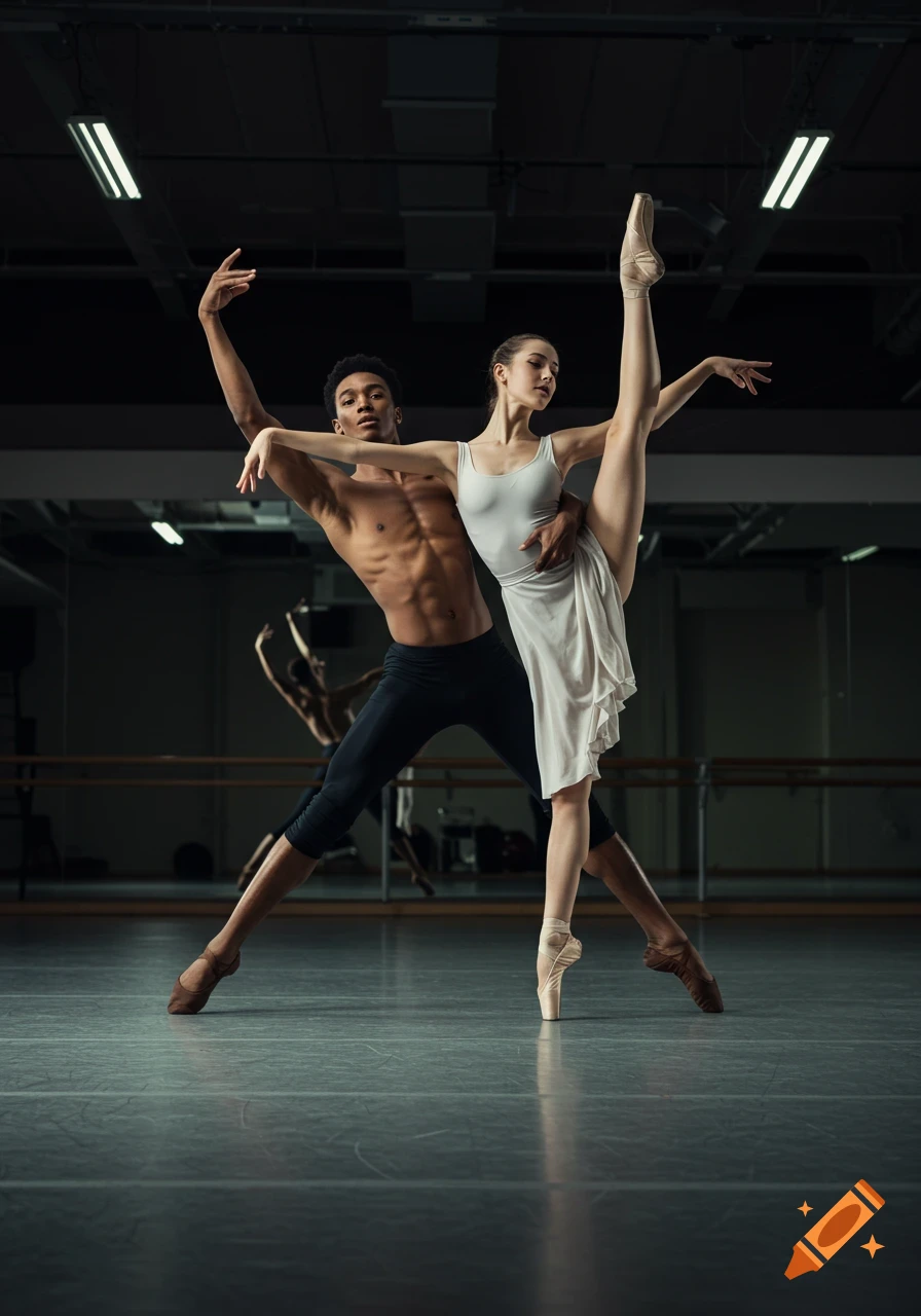 Two photorealistic ballet dancers in a dynamic pose in a dance studio.