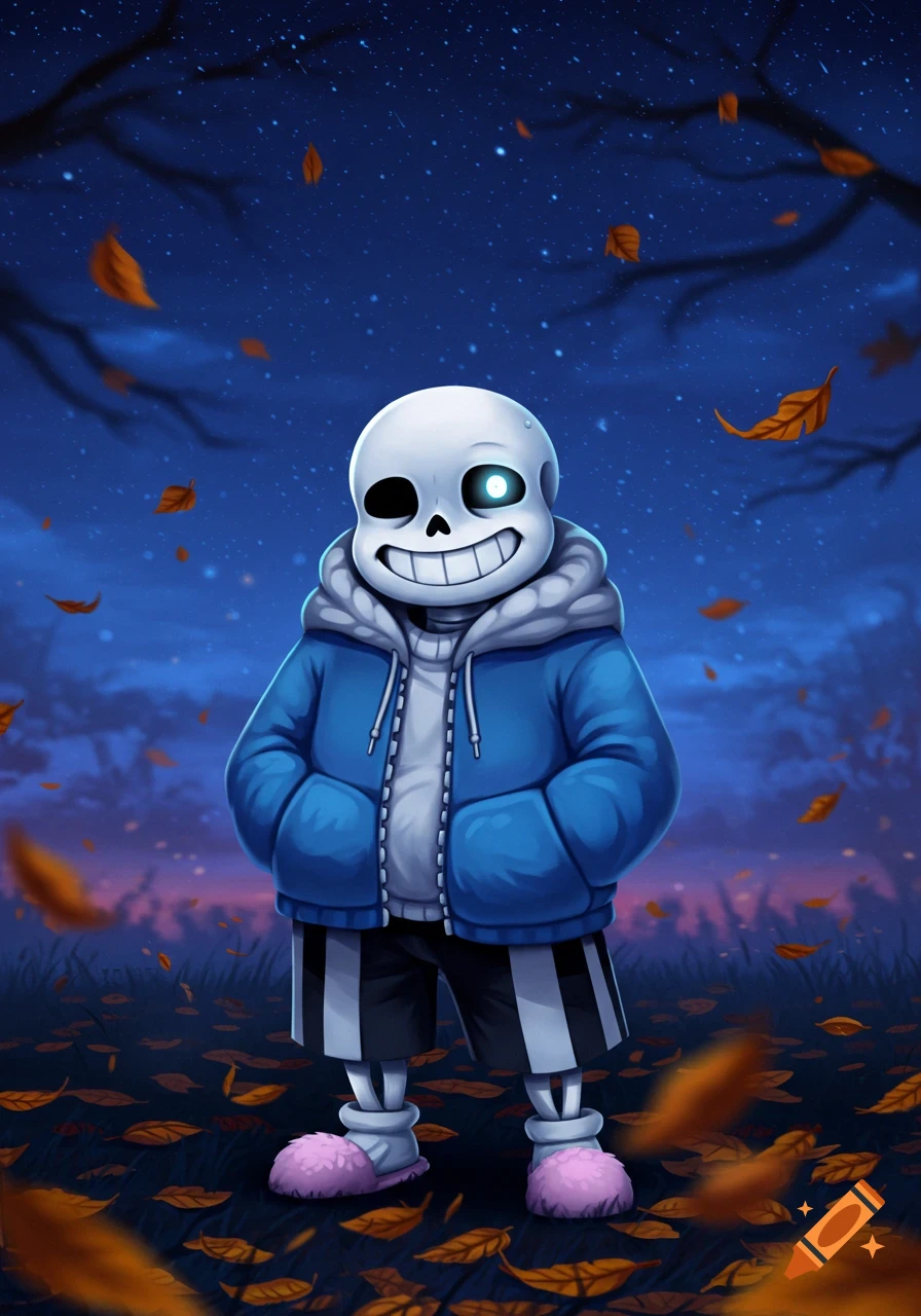 Sans the skeleton from Undertale stands smiling in a blue jacket and pink slippers amidst falling autumn leaves under a starry blue night sky.