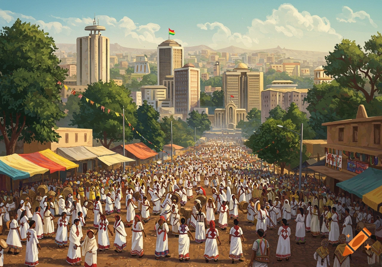 A large crowd in white traditional Ethiopian attire dances in a bustling city street during a festival, with tall buildings and green trees under a blue sky.
