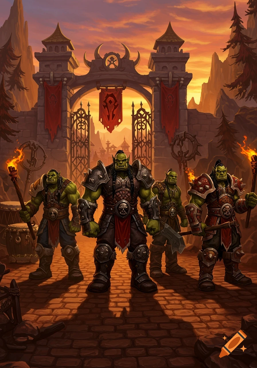 Five armored orcs stand before a large, horned fortress gate with Horde banners at sunset, in an epic fantasy digital painting.
