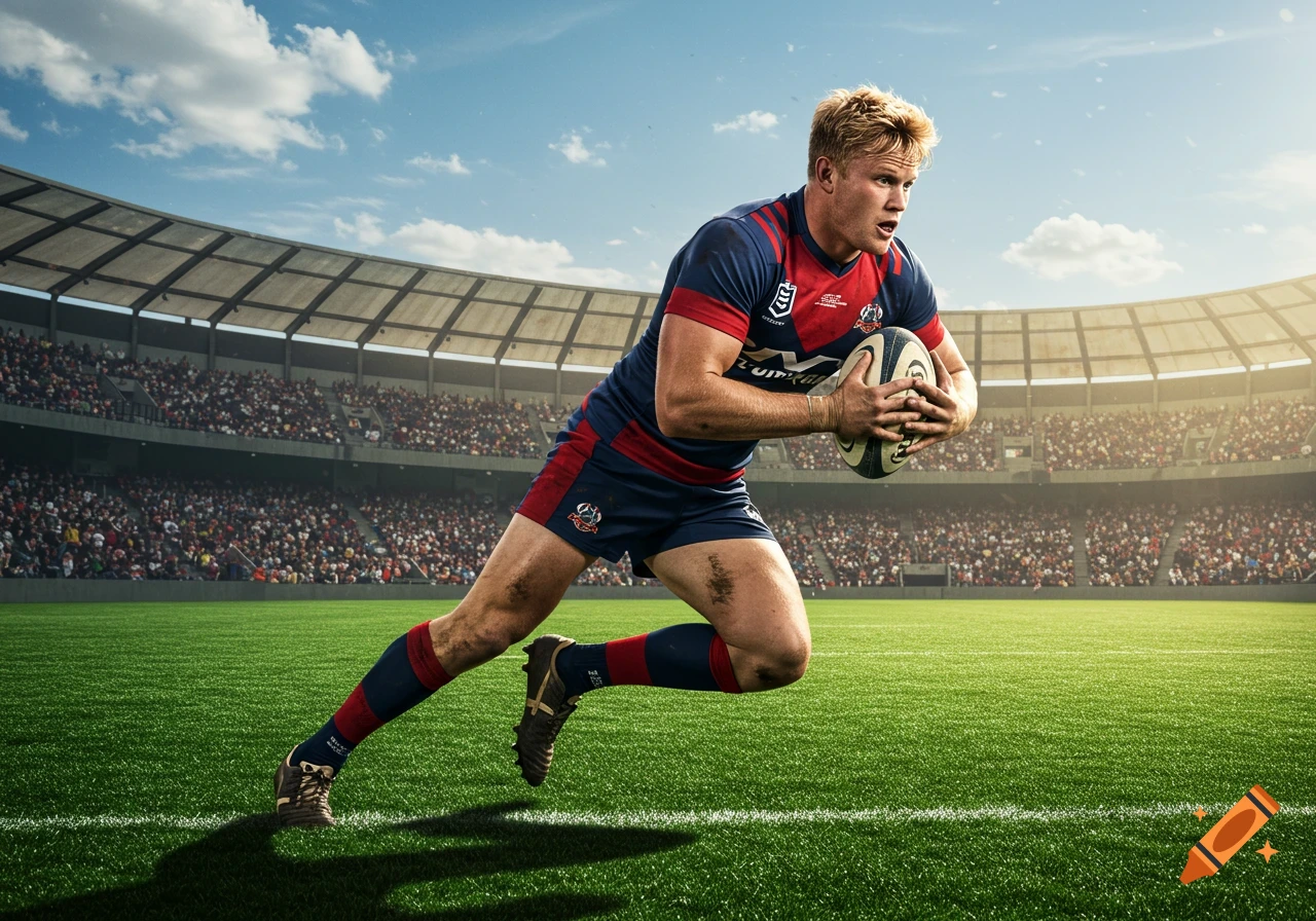A blond male rugby player in a blue and red uniform runs with a rugby ball on a green field in a sunlit stadium full of spectators.