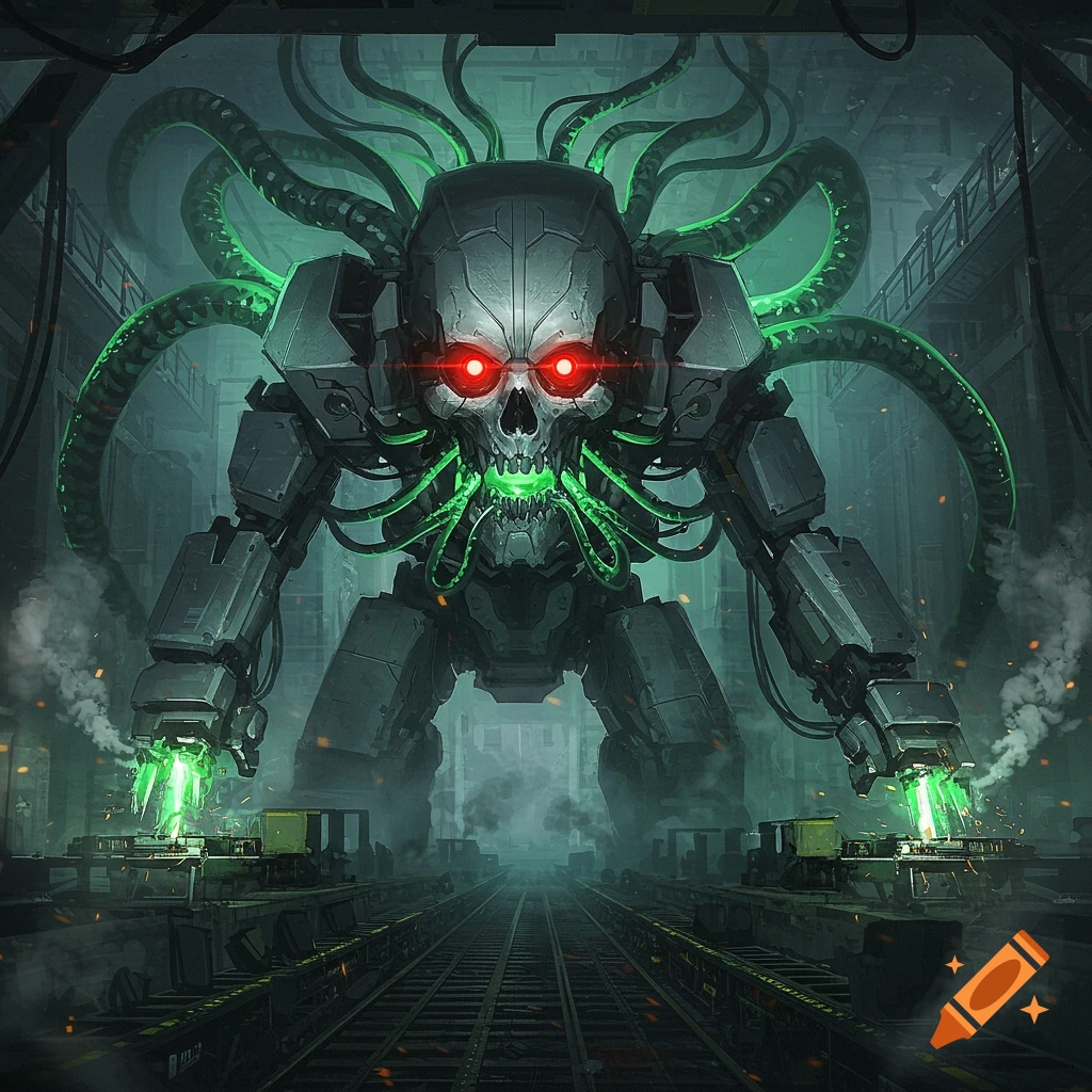 A giant, menacing skull-faced robot with glowing red eyes and green tentacles stands in a dark, industrial factory. Dark sci-fi art.