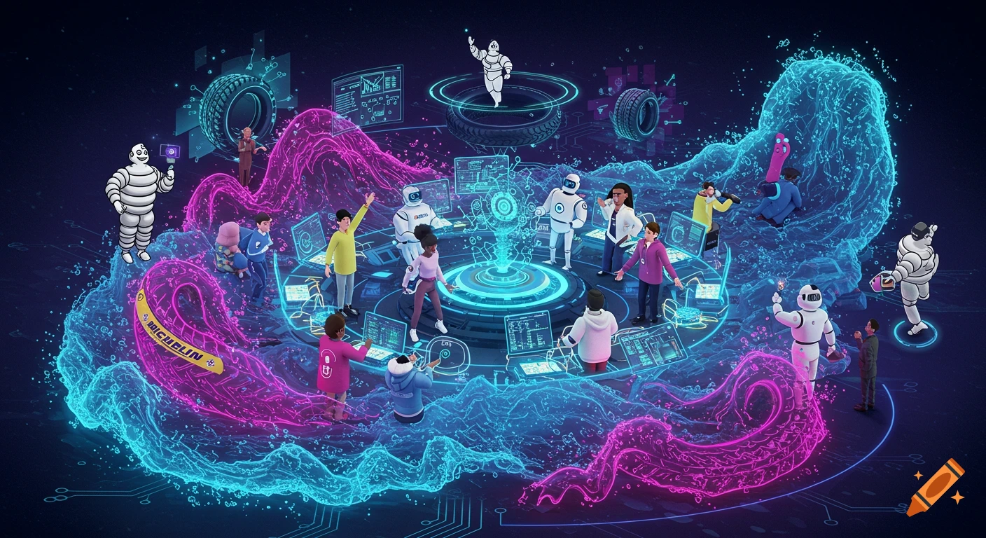 A vibrant, futuristic scene depicting humans and robots collaborating amidst glowing digital waves and circuits, with subtle Michelin branding.