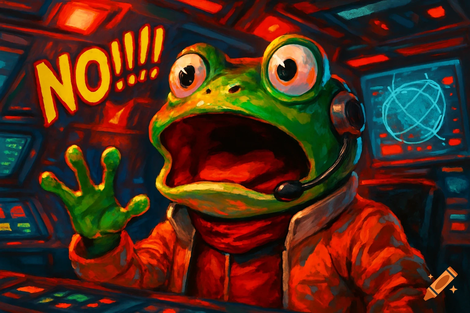 A wide-eyed cartoon frog in a headset and orange jacket, sitting in a spaceship cockpit, yells "NO!!!!" with a distressed expression in a painterly style.