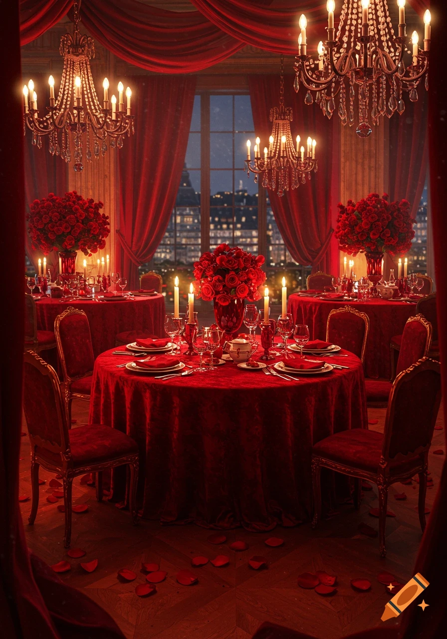 Luxurious red dining room with multiple tables, chandeliers, rose bouquets, and candles, overlooking a city skyline at night.