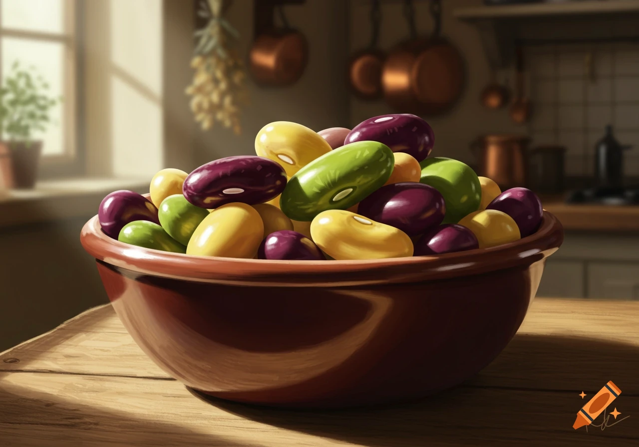 A brown bowl overflowing with yellow, green, and purple beans sits on a wooden table in a sunlit kitchen, painted in an illustrative style.
