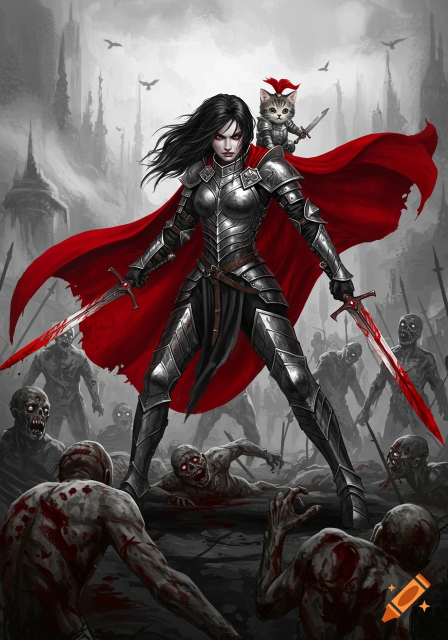 A dark-haired warrior in armor and red cape fights zombies with bloodied swords, an armored kitten on her shoulder, in a dark fantasy style.
