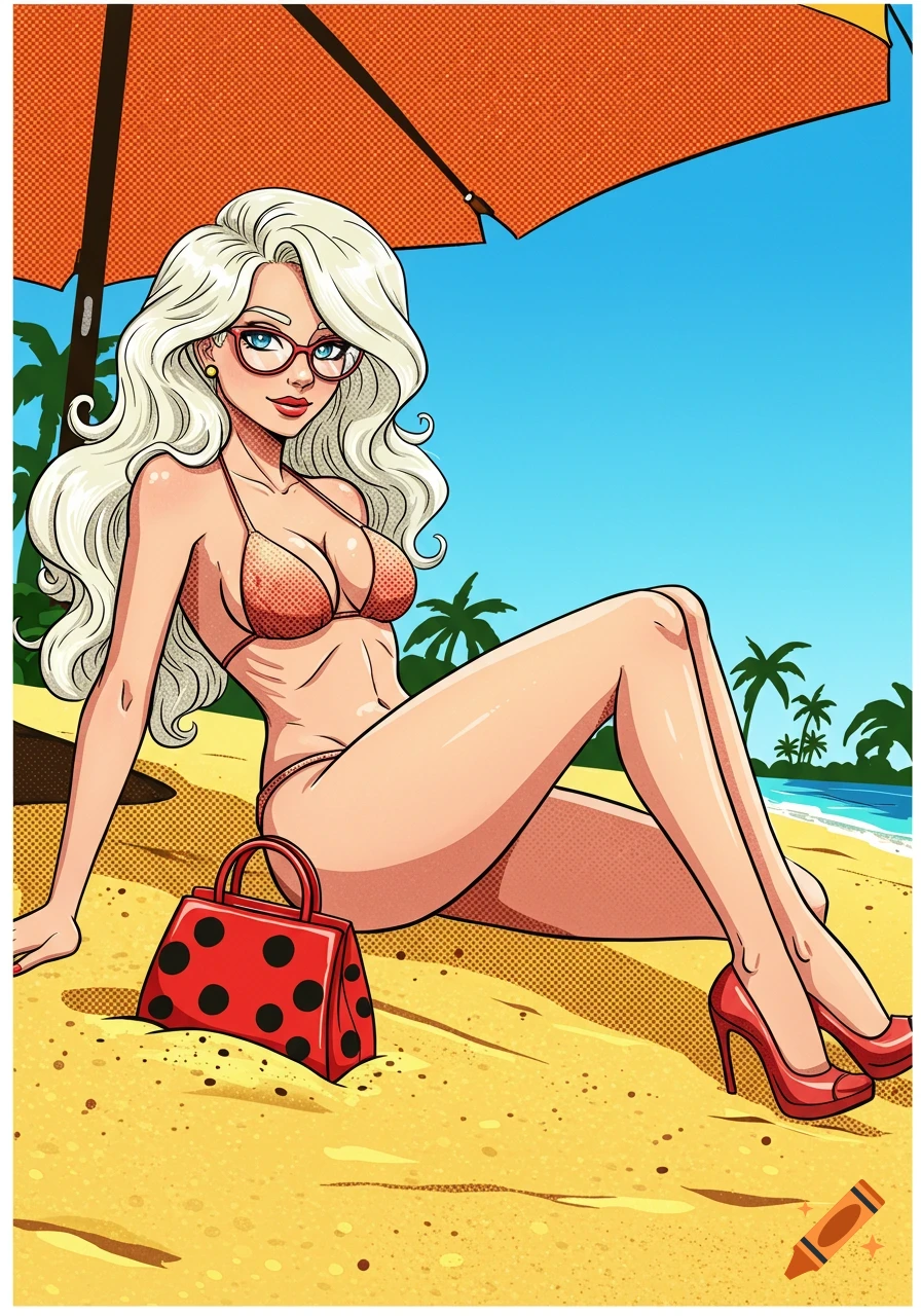 Comic art of a blonde woman in glasses, bikini, and high heels, lying on a beach with palms and an umbrella.