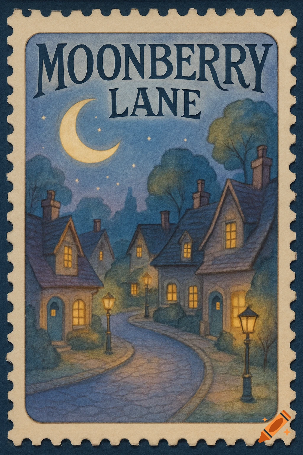 A vintage postage stamp illustration of a moonlit village street with quaint cottages and glowing lampposts, titled 'Moonberry Lane'.