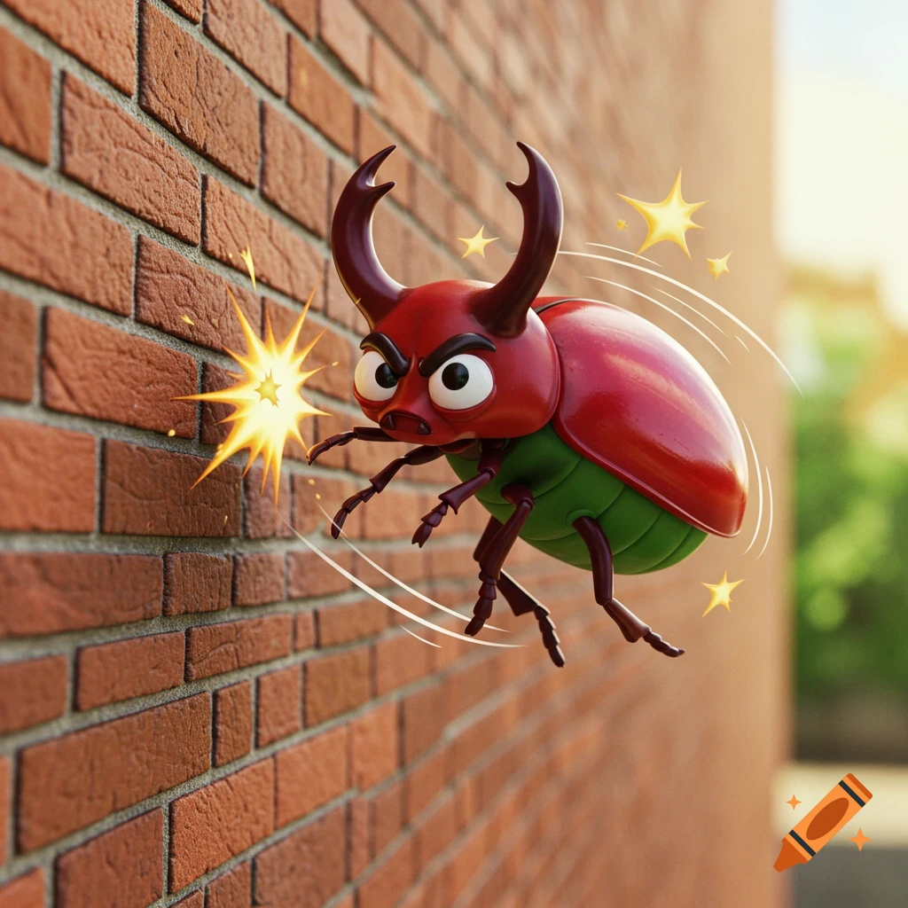 A cartoon red and green beetle with big eyes and horns ricochets off a brick wall, showing starbursts and motion lines.