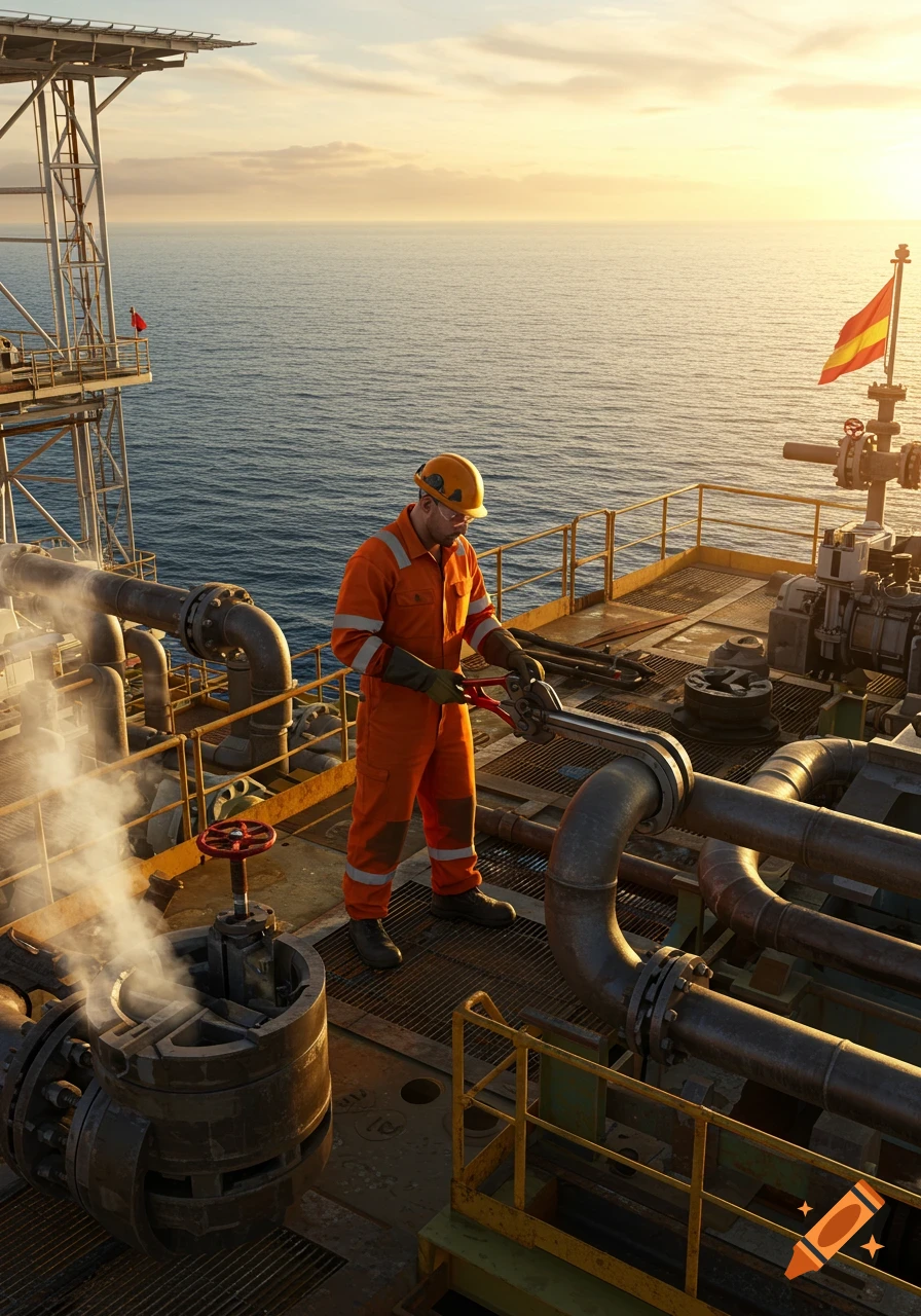 An offshore operator in an orange uniform and hard hat works on pipes and machinery on a platform at sunset.